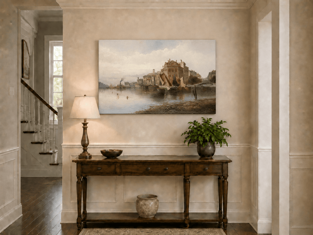 Landscape Oil Painting - Riverfront City Port & Historic