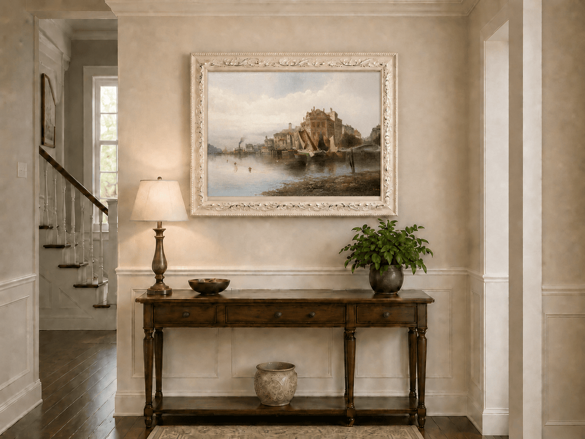 Landscape Oil Painting - Riverfront City Port & Historic