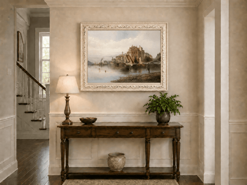 Landscape Oil Painting - Riverfront City Port & Historic