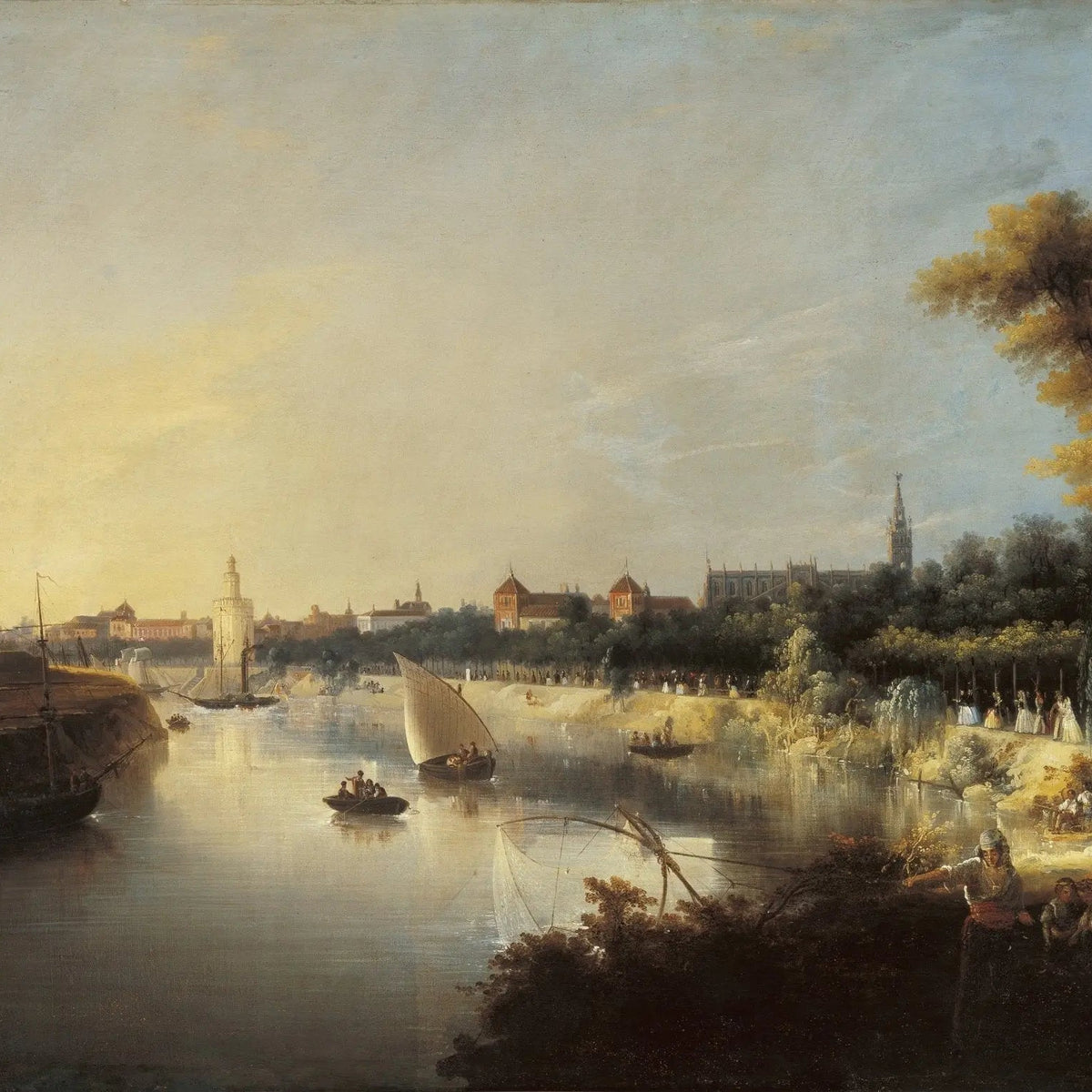 Landscape Oil Painting - Riverfront City Scene with Boats and Figures - Oil Painting Haven