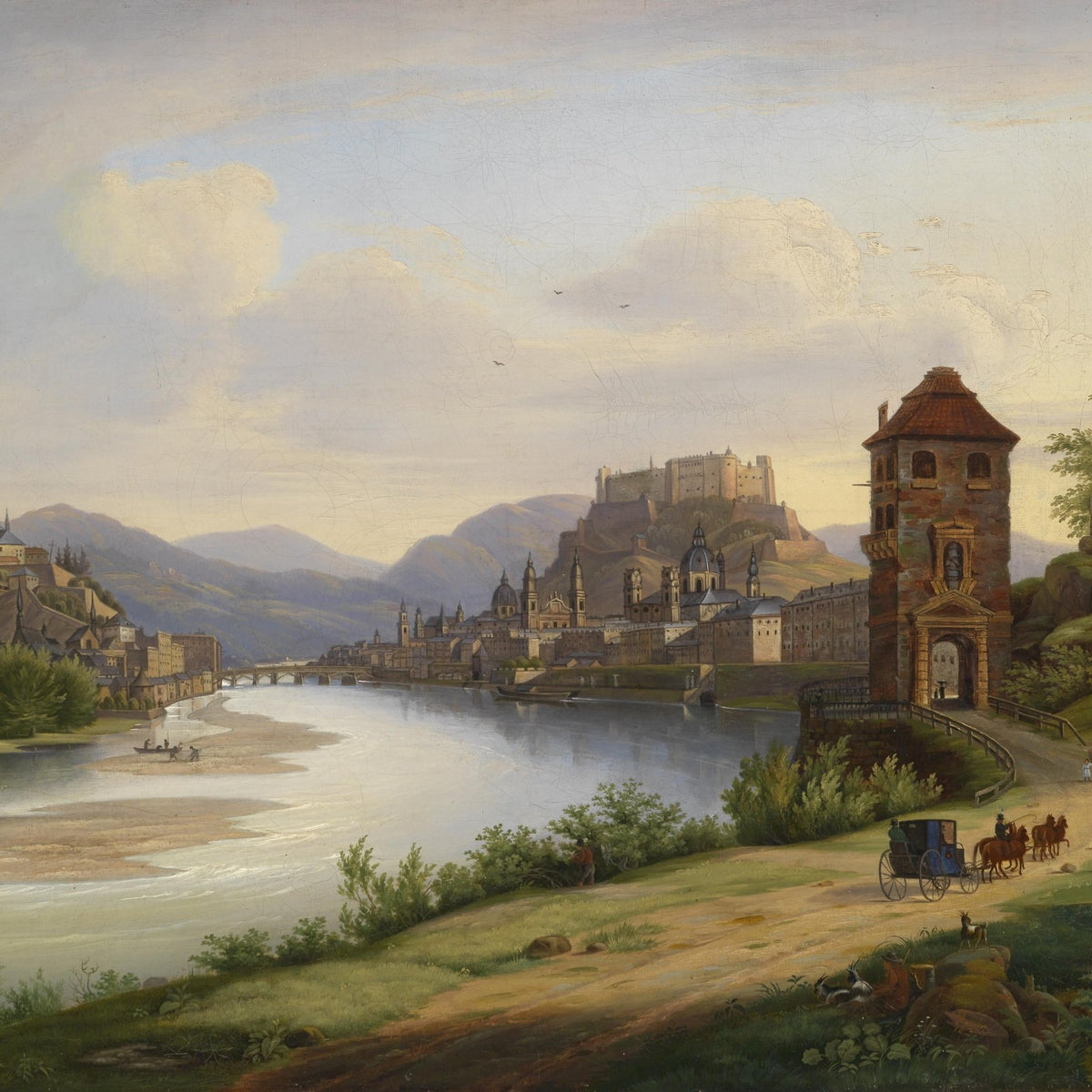 Landscape Oil Painting - Riverfront Town & Hilltop Castle: Carriage - Oil Painting Haven