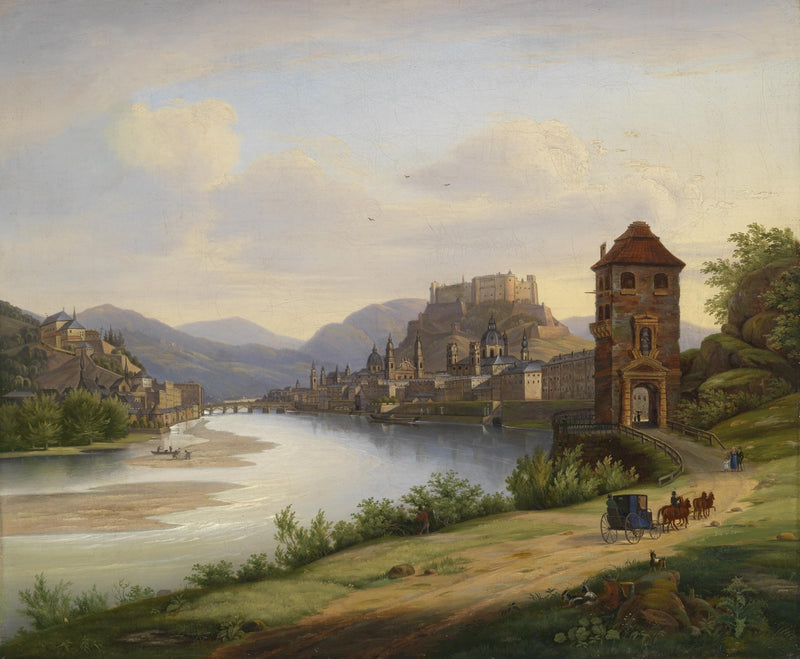 Landscape Oil Painting - Riverfront Town & Hilltop Castle: Carriage - Oil Painting Haven