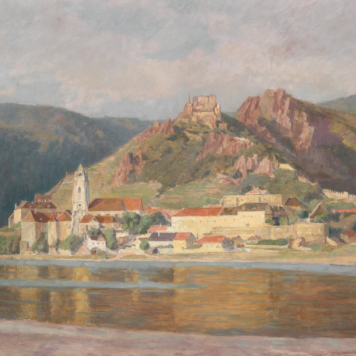 Landscape Oil Painting - Riverfront Town with Castle & Mountains - Oil Painting Haven