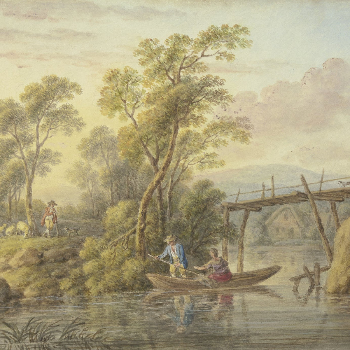 Hand-painted riverside boat and rustic bridge scene landscape oil painting on canvas