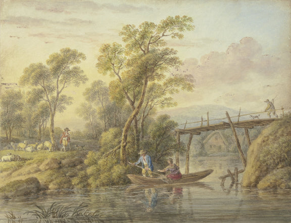 Hand-painted riverside boat and rustic bridge scene landscape oil painting on canvas