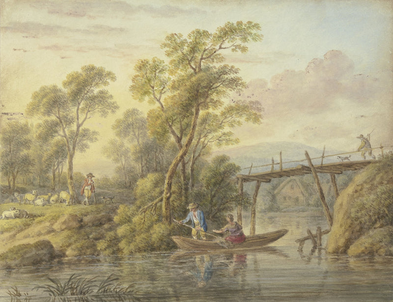 Hand-painted riverside boat and rustic bridge scene landscape oil painting on canvas
