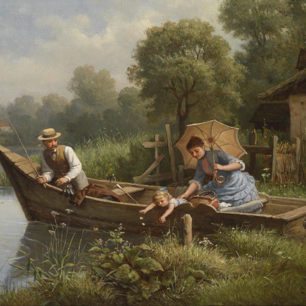 Landscape Oil Painting - Riverside Boat Family, Angler, Woman & Child - Oil Painting Haven