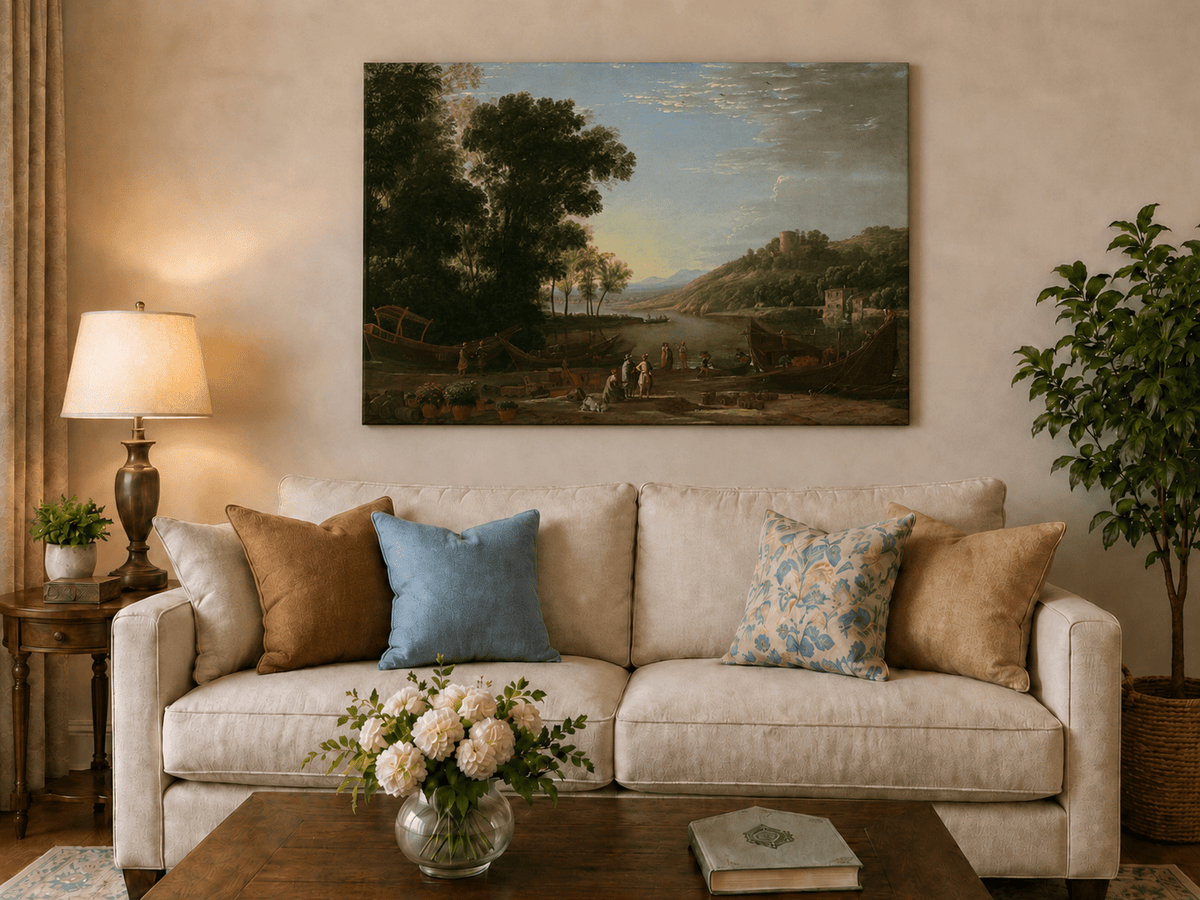 Landscape Oil Painting - Riverside Boats & Figures