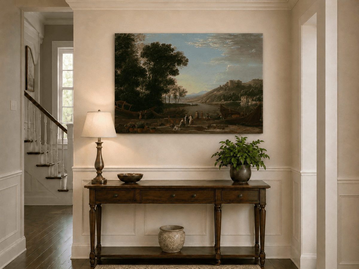 Landscape Oil Painting - Riverside Boats & Figures