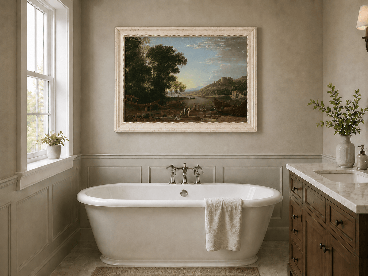 Landscape Oil Painting - Riverside Boats & Figures