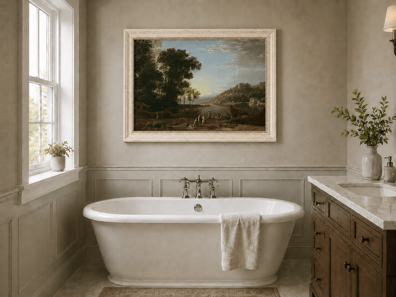 Landscape Oil Painting - Riverside Boats & Figures