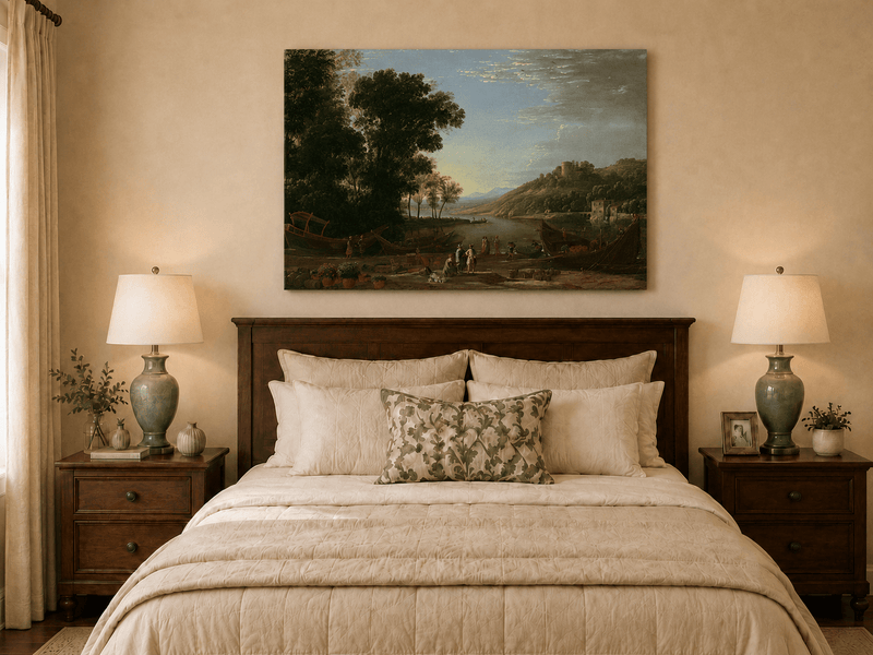 Landscape Oil Painting - Riverside Boats & Figures