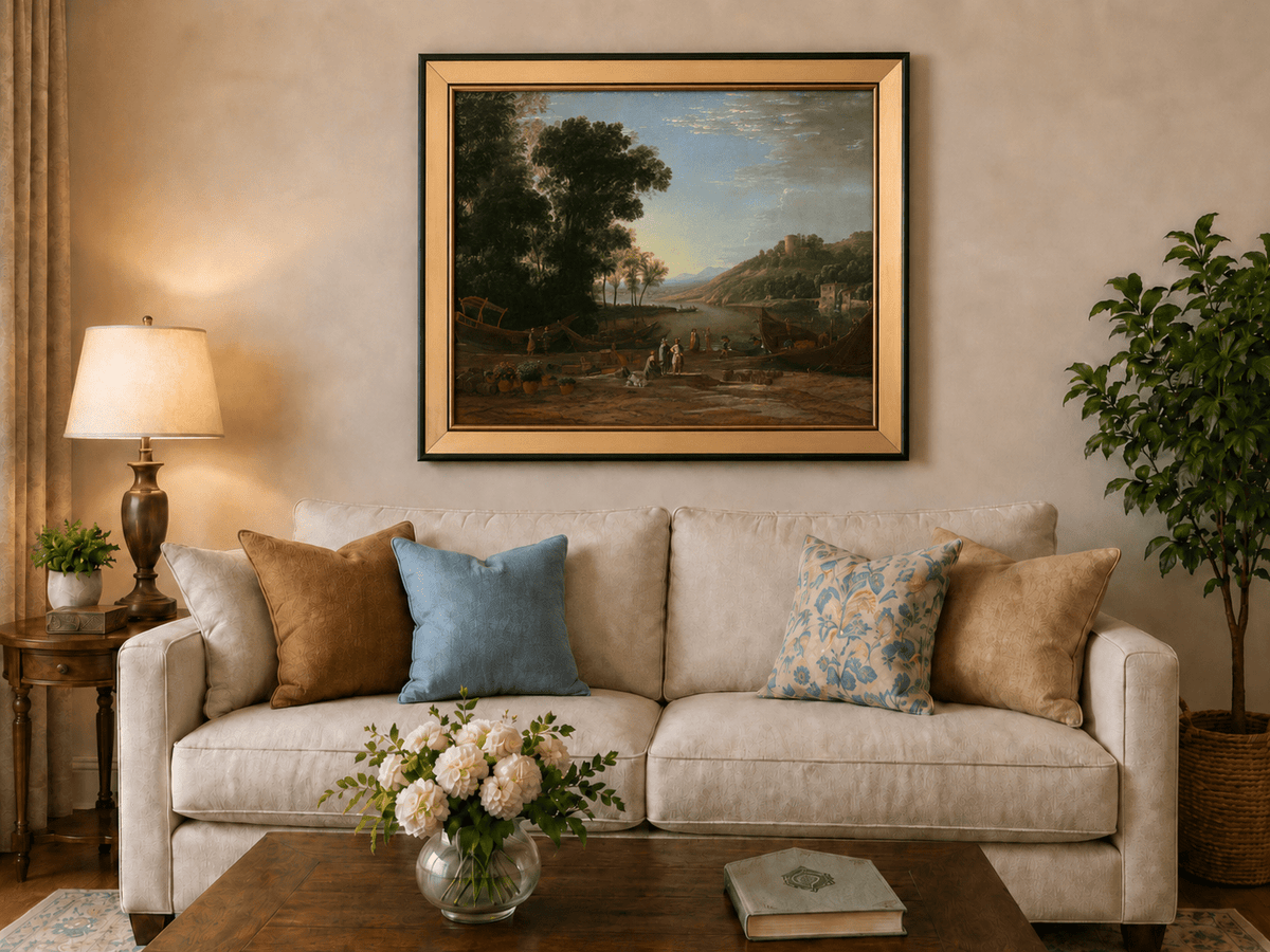 Landscape Oil Painting - Riverside Boats & Figures