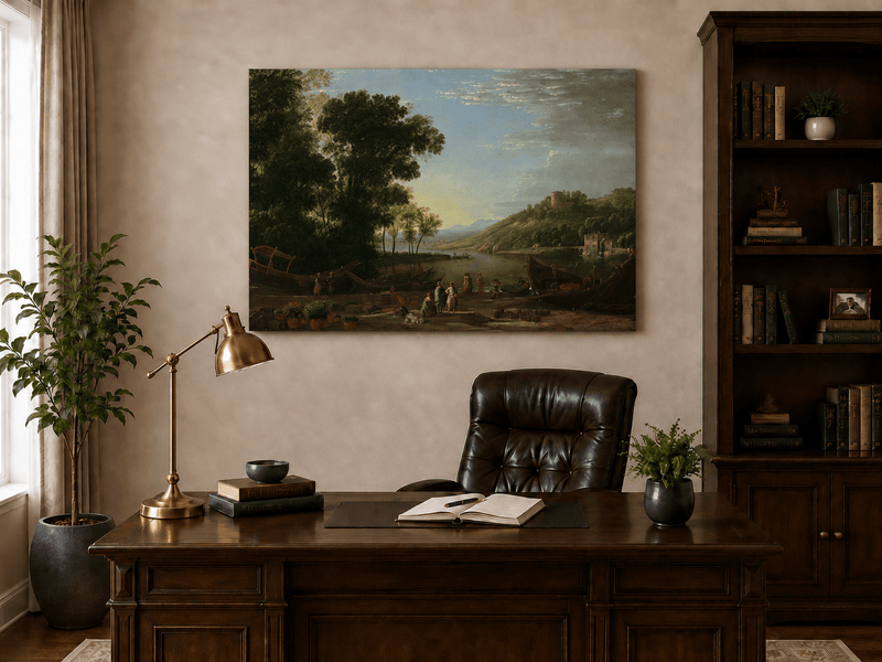 Landscape Oil Painting - Riverside Boats & Figures