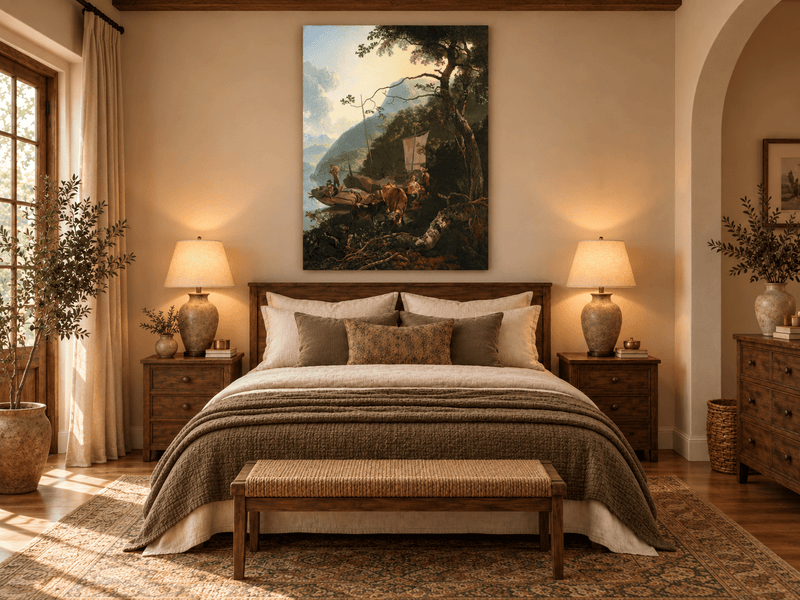 Landscape Oil Painting - Riverside Boats with Figures and Cattle