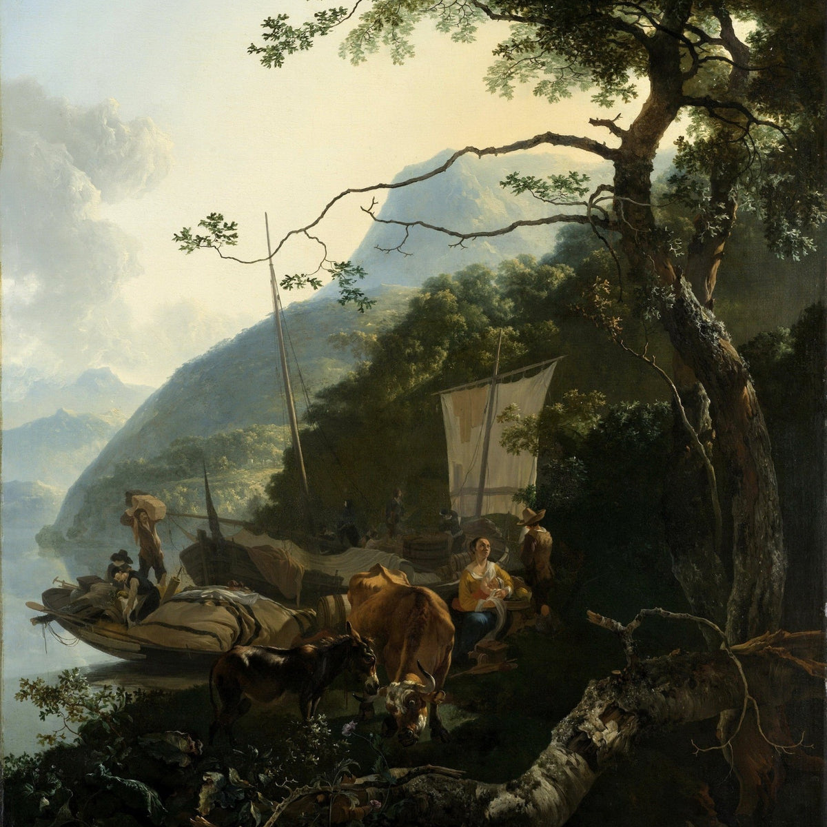 Hand-painted riverside boats with figures and cattle landscape oil painting on canvas