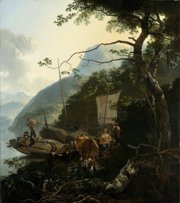 Hand-painted riverside boats with figures and cattle landscape oil painting on canvas