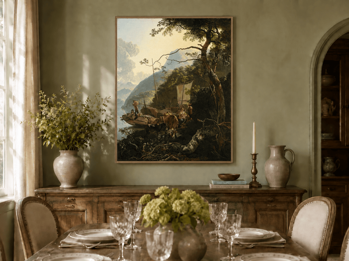 Landscape Oil Painting - Riverside Boats with Figures and Cattle