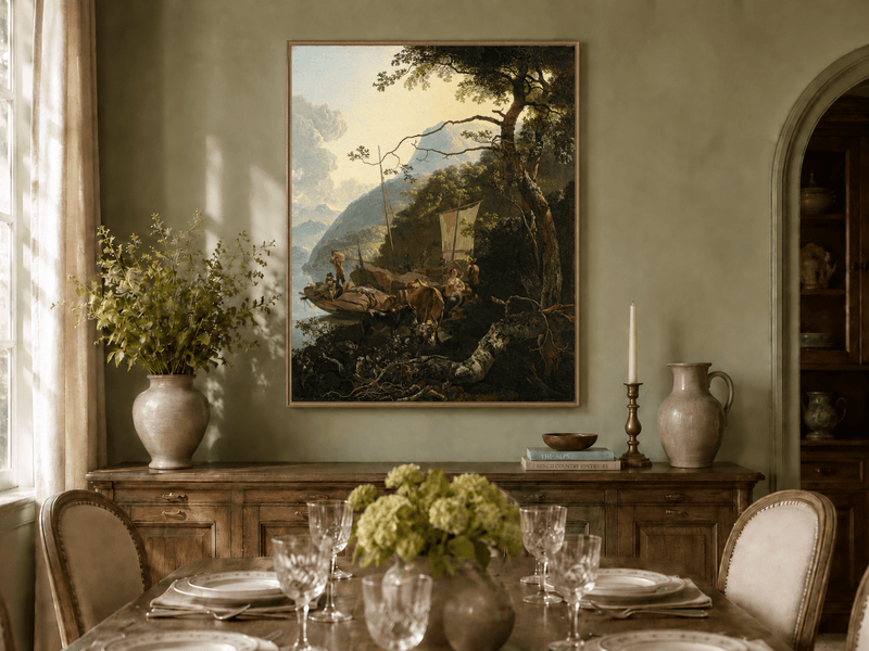 Landscape Oil Painting - Riverside Boats with Figures and Cattle