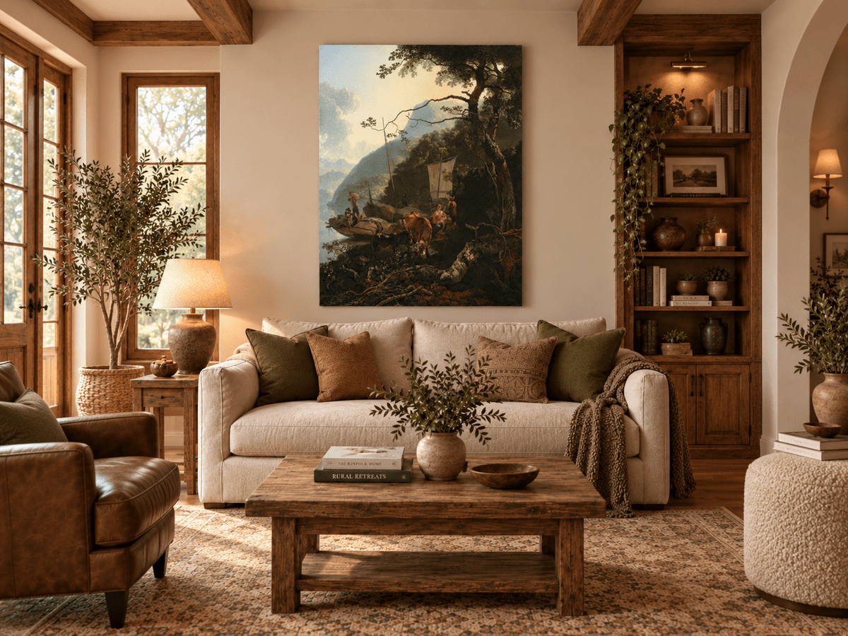 Landscape Oil Painting - Riverside Boats with Figures and Cattle