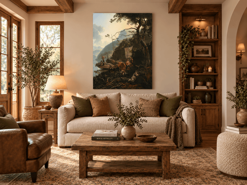 Landscape Oil Painting - Riverside Boats with Figures and Cattle