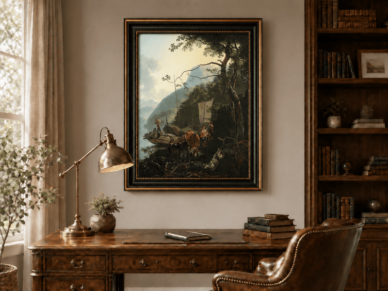 Landscape Oil Painting - Riverside Boats with Figures and Cattle
