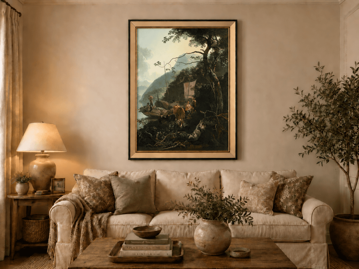 Landscape Oil Painting - Riverside Boats with Figures and Cattle