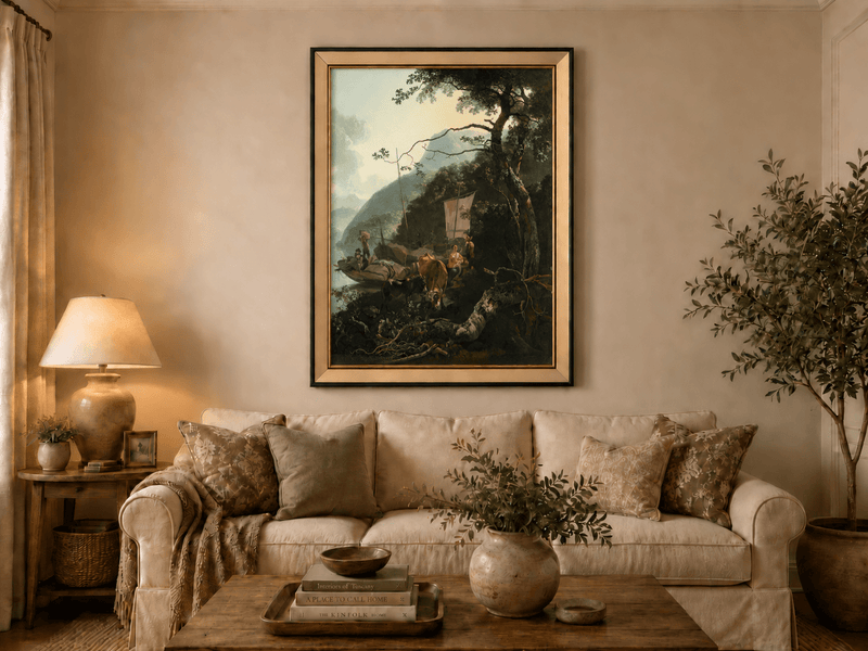 Landscape Oil Painting - Riverside Boats with Figures and Cattle