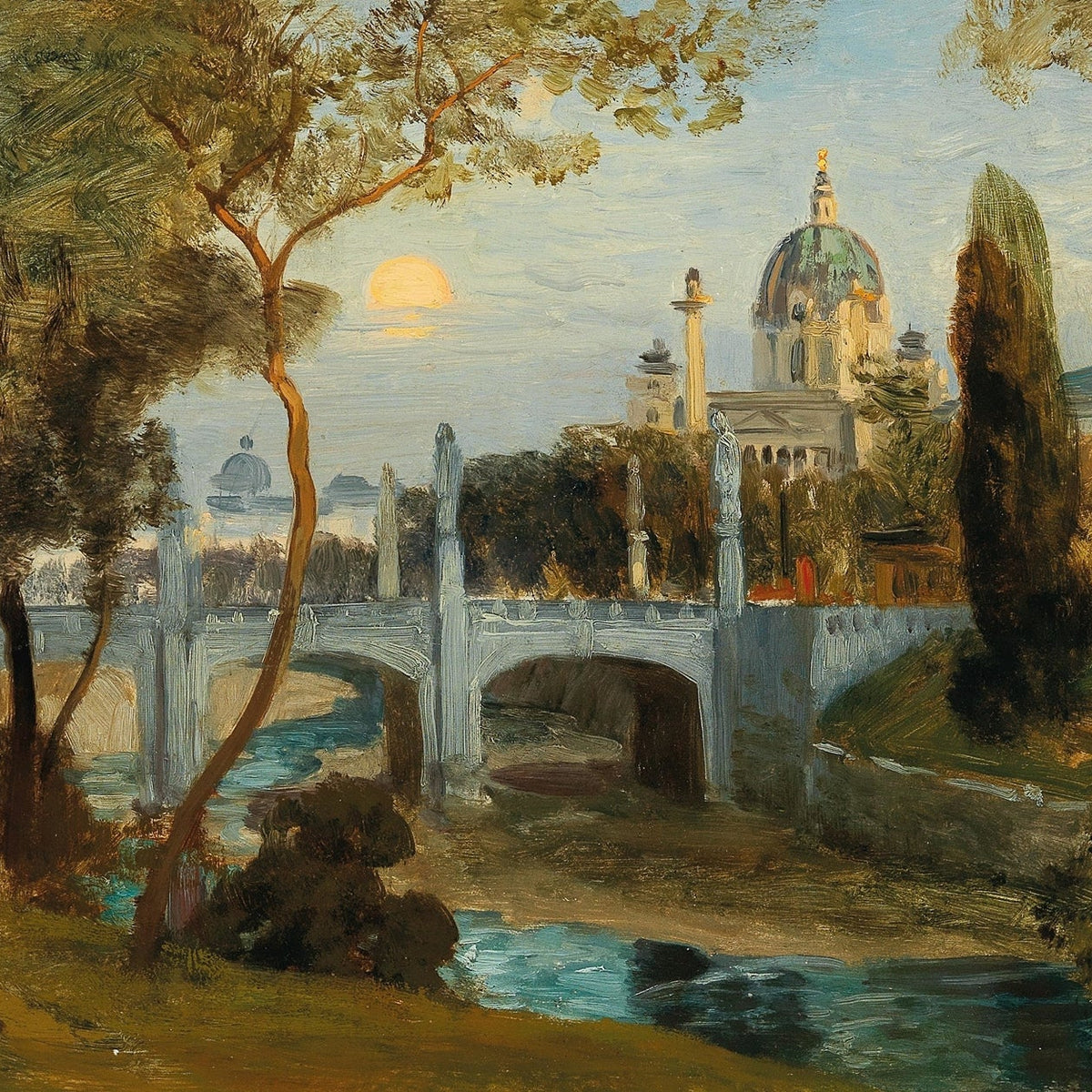 Landscape Oil Painting - Riverside Bridge and Domed Church View - Oil Painting Haven