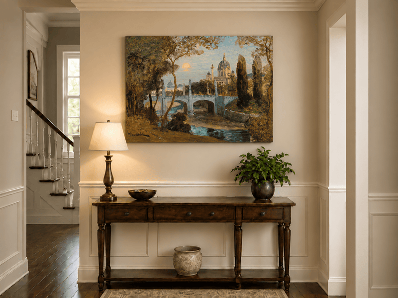 Peinture à l'huile de paysage - Gouffre rocheux spectaculaire avec personnages