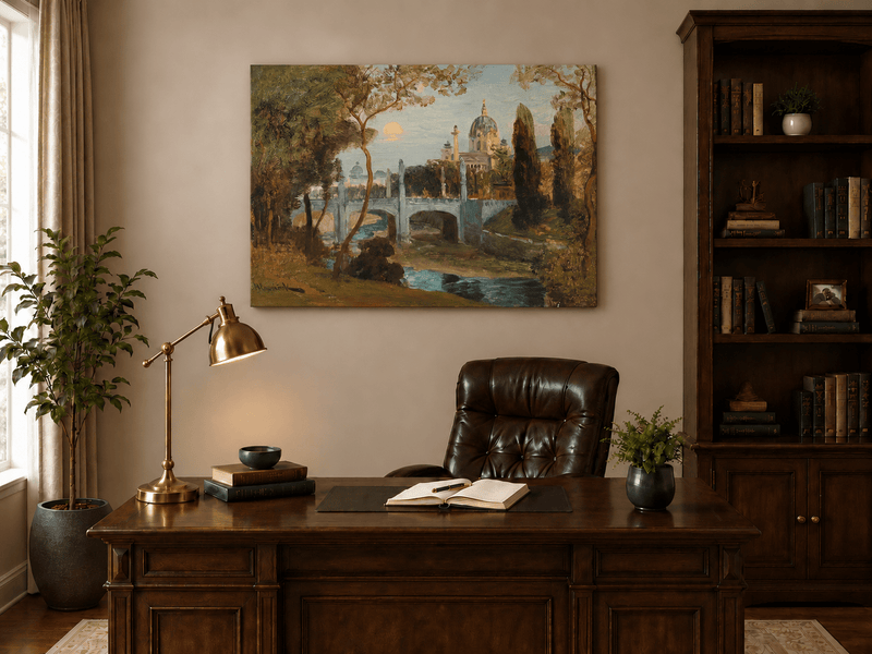 Peinture à l'huile de paysage - Gouffre rocheux spectaculaire avec personnages