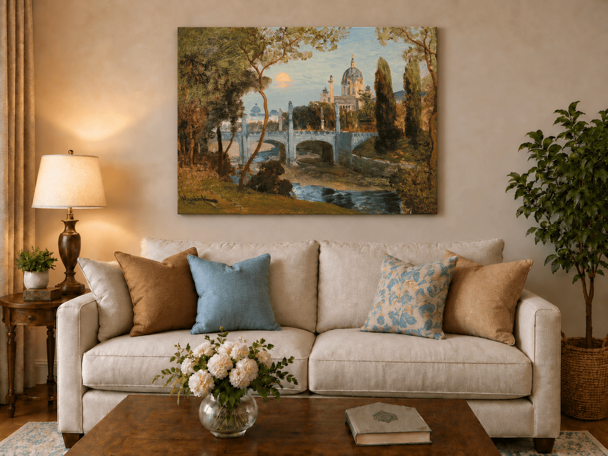 Peinture à l'huile de paysage - Gouffre rocheux spectaculaire avec personnages