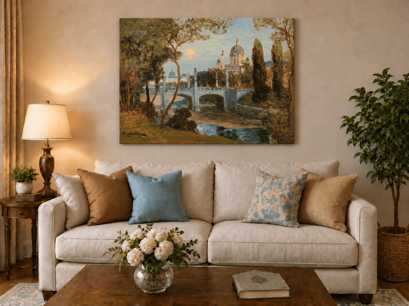 Peinture à l'huile de paysage - Gouffre rocheux spectaculaire avec personnages