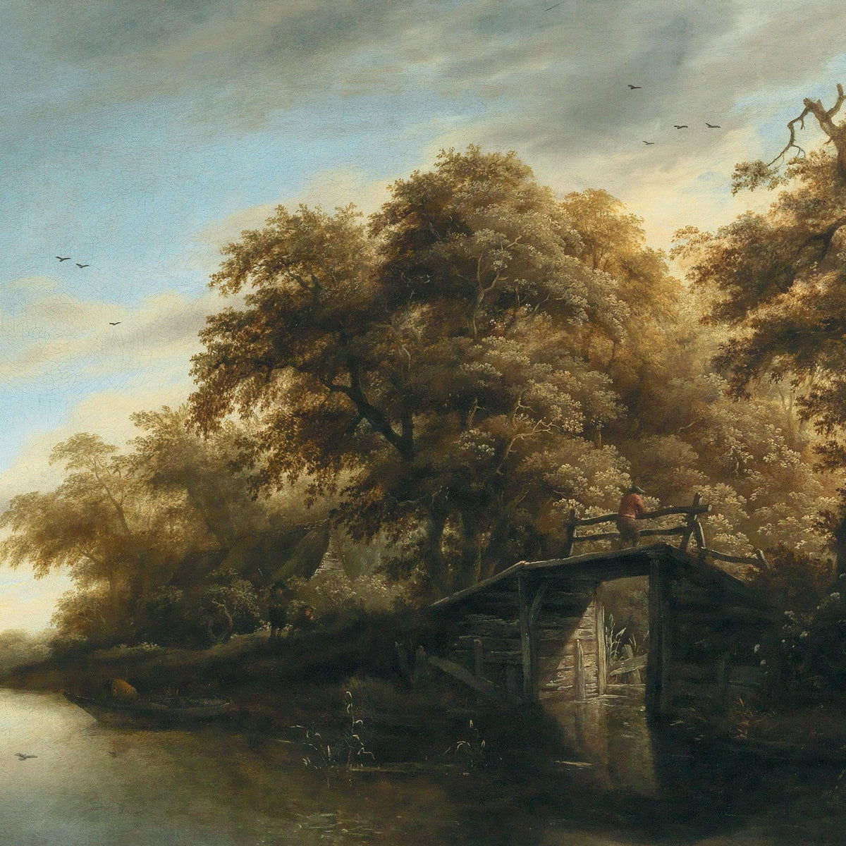 Hand-painted riverside bridge beneath golden trees landscape oil painting on canvas