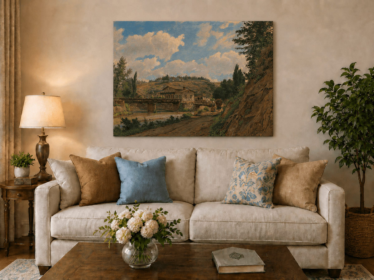 Peinture à l'huile de paysage - Gouffre rocheux spectaculaire avec personnages