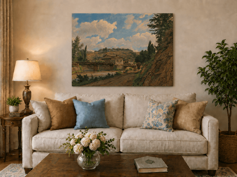 Peinture à l'huile de paysage - Gouffre rocheux spectaculaire avec personnages
