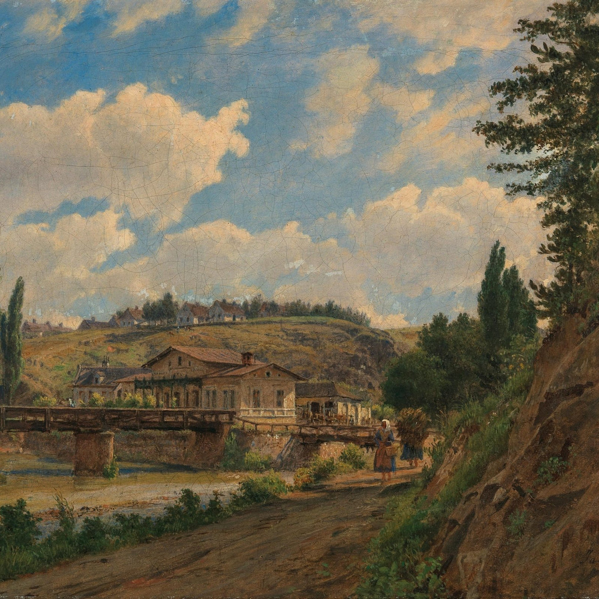 Hand-painted riverside bridge country house scene landscape oil painting on canvas