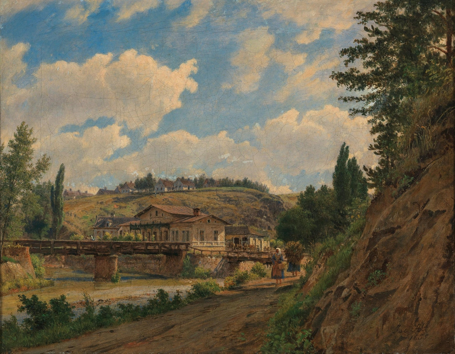 Hand-painted riverside bridge country house scene landscape oil painting on canvas
