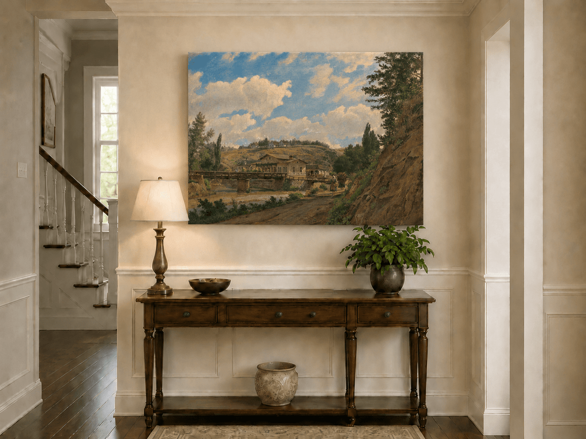 Peinture à l'huile de paysage - Gouffre rocheux spectaculaire avec personnages