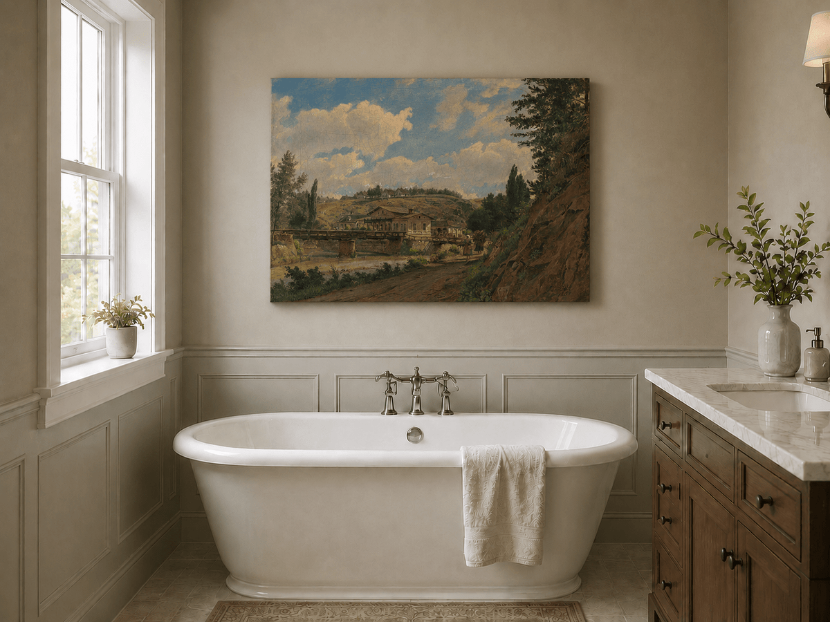 Peinture à l'huile de paysage - Gouffre rocheux spectaculaire avec personnages
