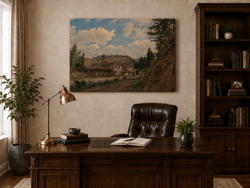 Peinture à l'huile de paysage - Gouffre rocheux spectaculaire avec personnages