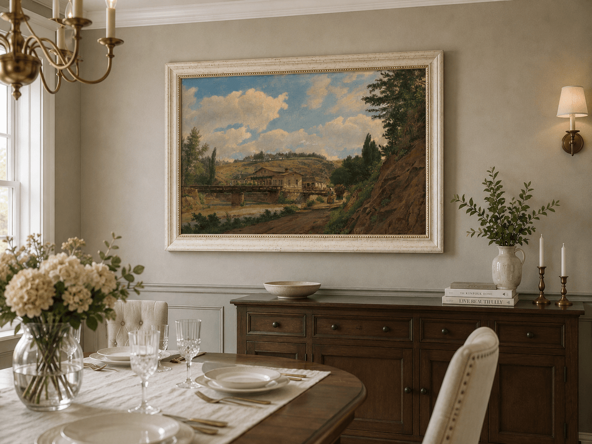 Peinture à l'huile de paysage - Gouffre rocheux spectaculaire avec personnages