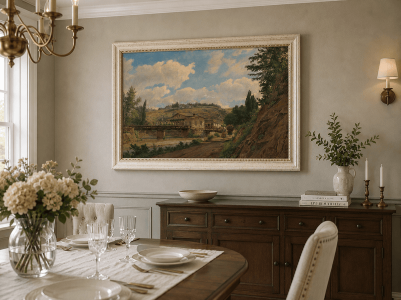 Peinture à l'huile de paysage - Gouffre rocheux spectaculaire avec personnages