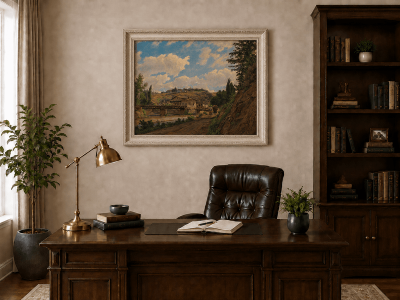 Peinture à l'huile de paysage - Gouffre rocheux spectaculaire avec personnages