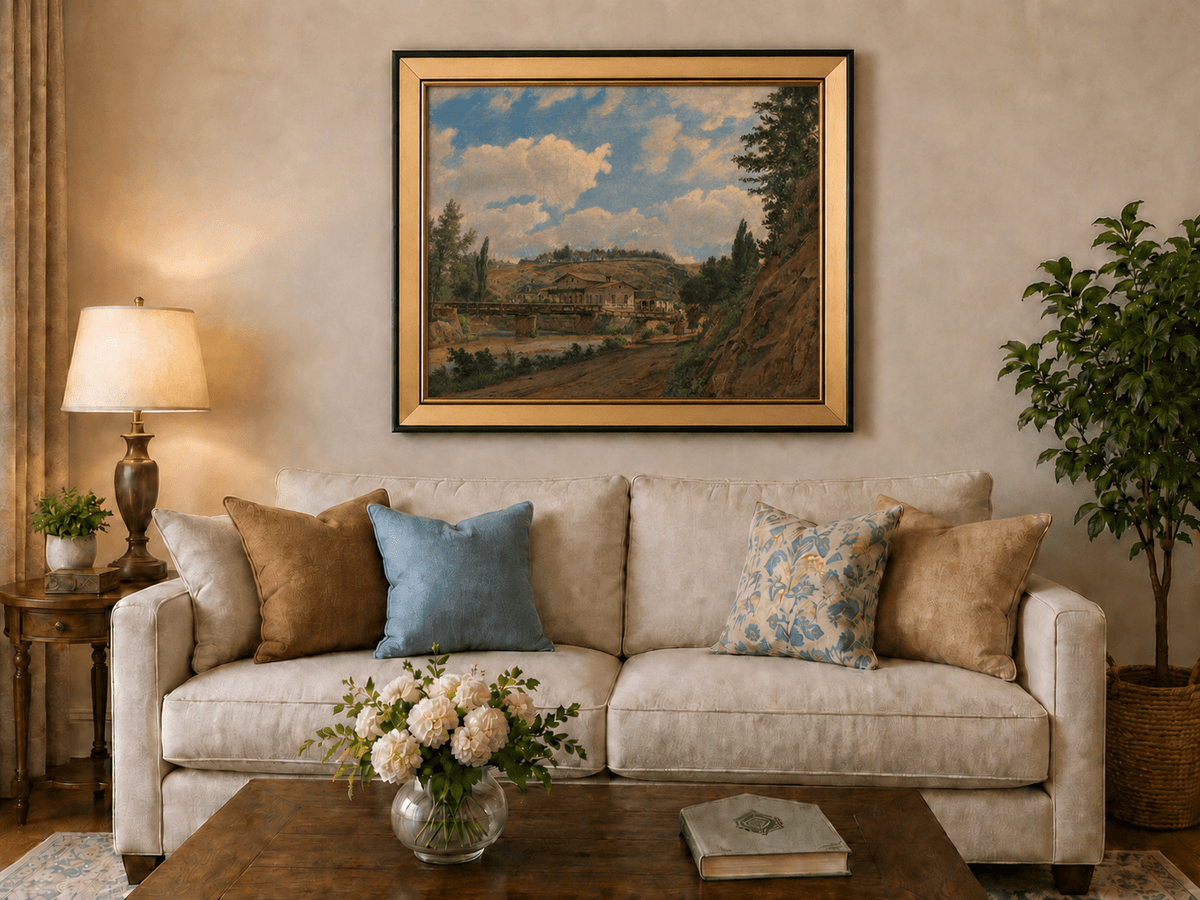 Peinture à l'huile de paysage - Gouffre rocheux spectaculaire avec personnages