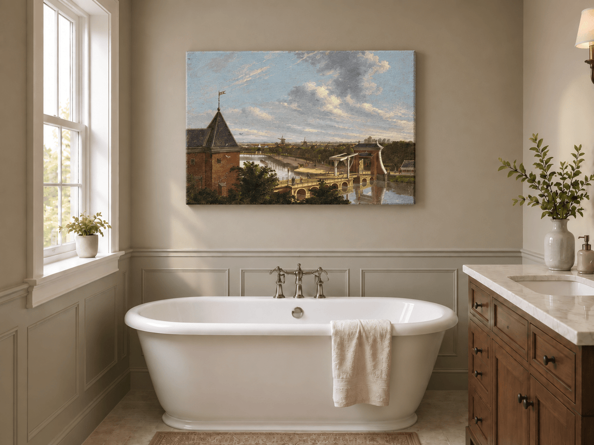 Landschaftliches Ölgemälde – Flussbrücke mit Figuren und Windmühlen