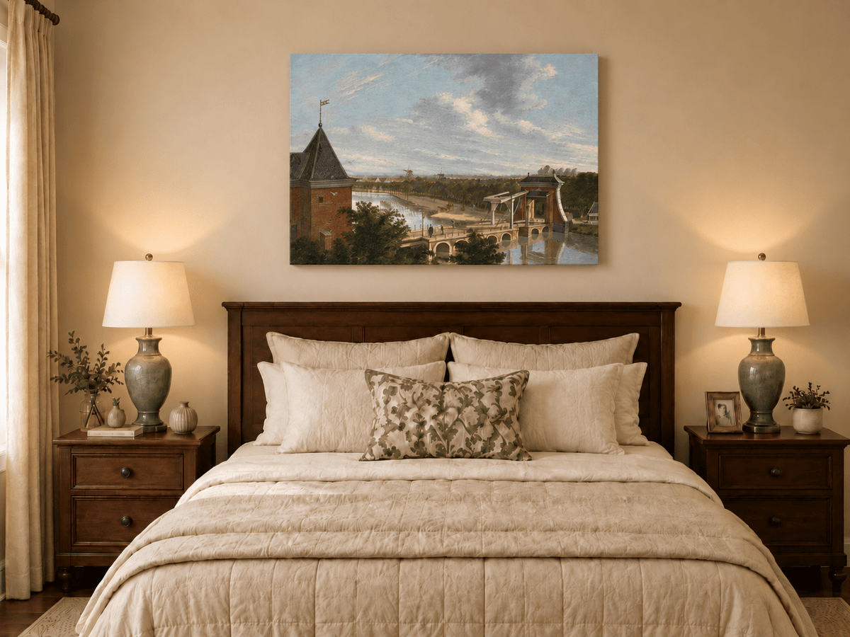 Landschaftliches Ölgemälde – Flussbrücke mit Figuren und Windmühlen