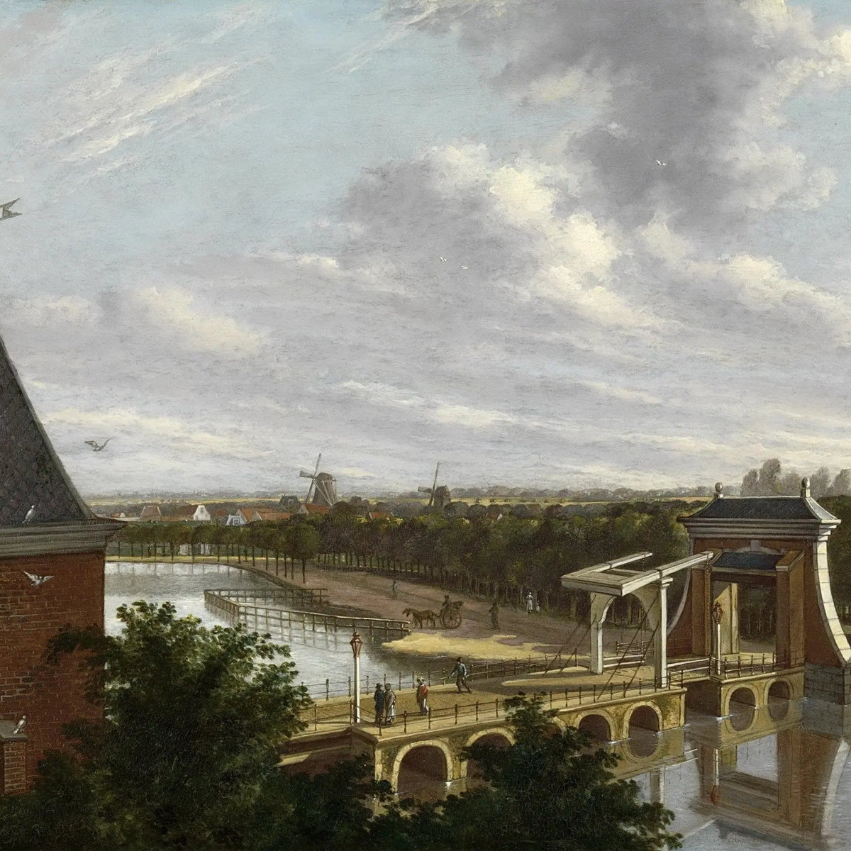 Landscape Oil Painting - Riverside Bridge with Figures and Windmills - Oil Painting Haven