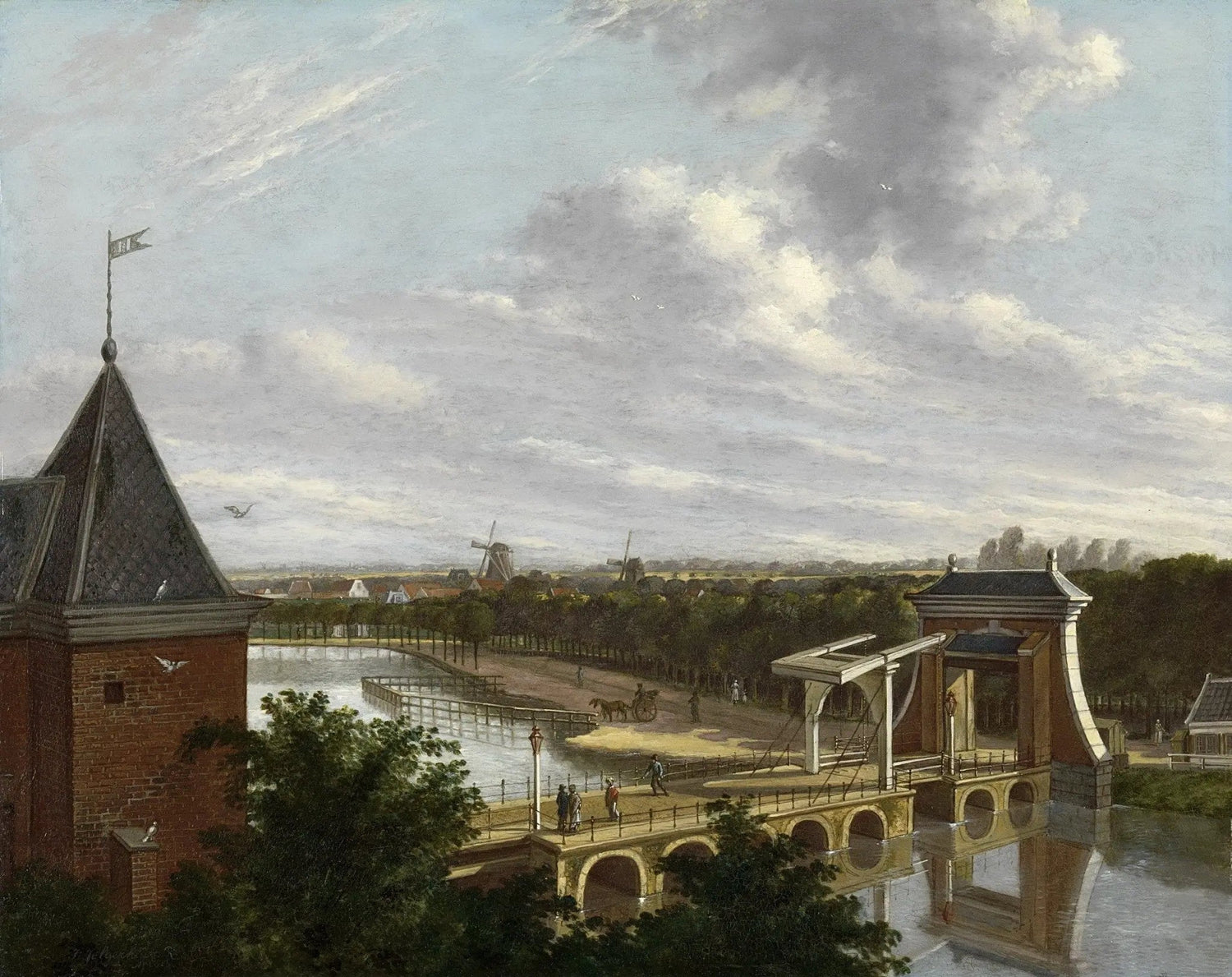 Landscape Oil Painting - Riverside Bridge with Figures and Windmills - Oil Painting Haven