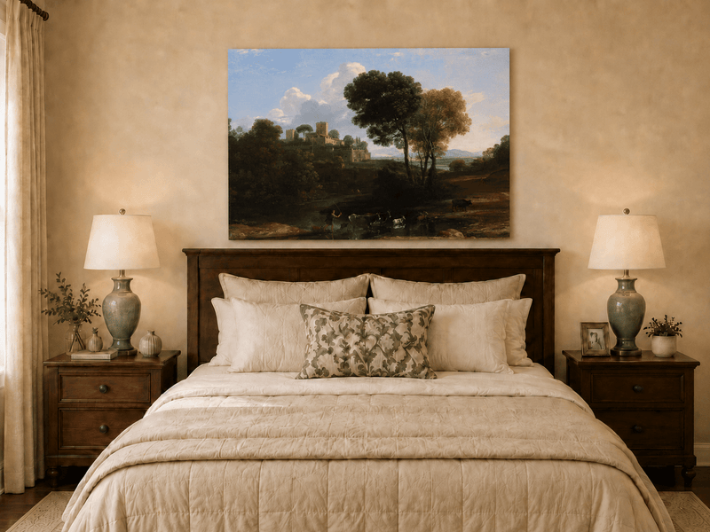 Peinture à l'huile de paysage - Bord de rivière avec château et bétail